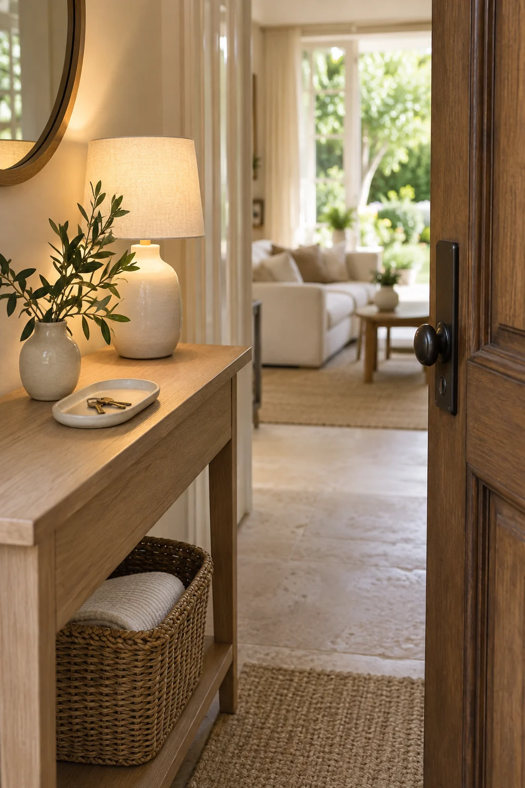 Clés posées sur une console en bois à l’entrée d’un intérieur chaleureux