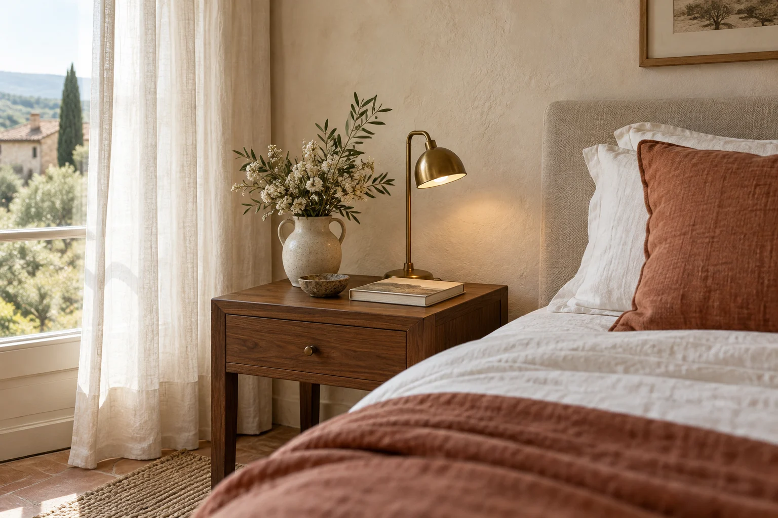 Lampe de lecture et table de chevet près d’un lit aux tons terracotta