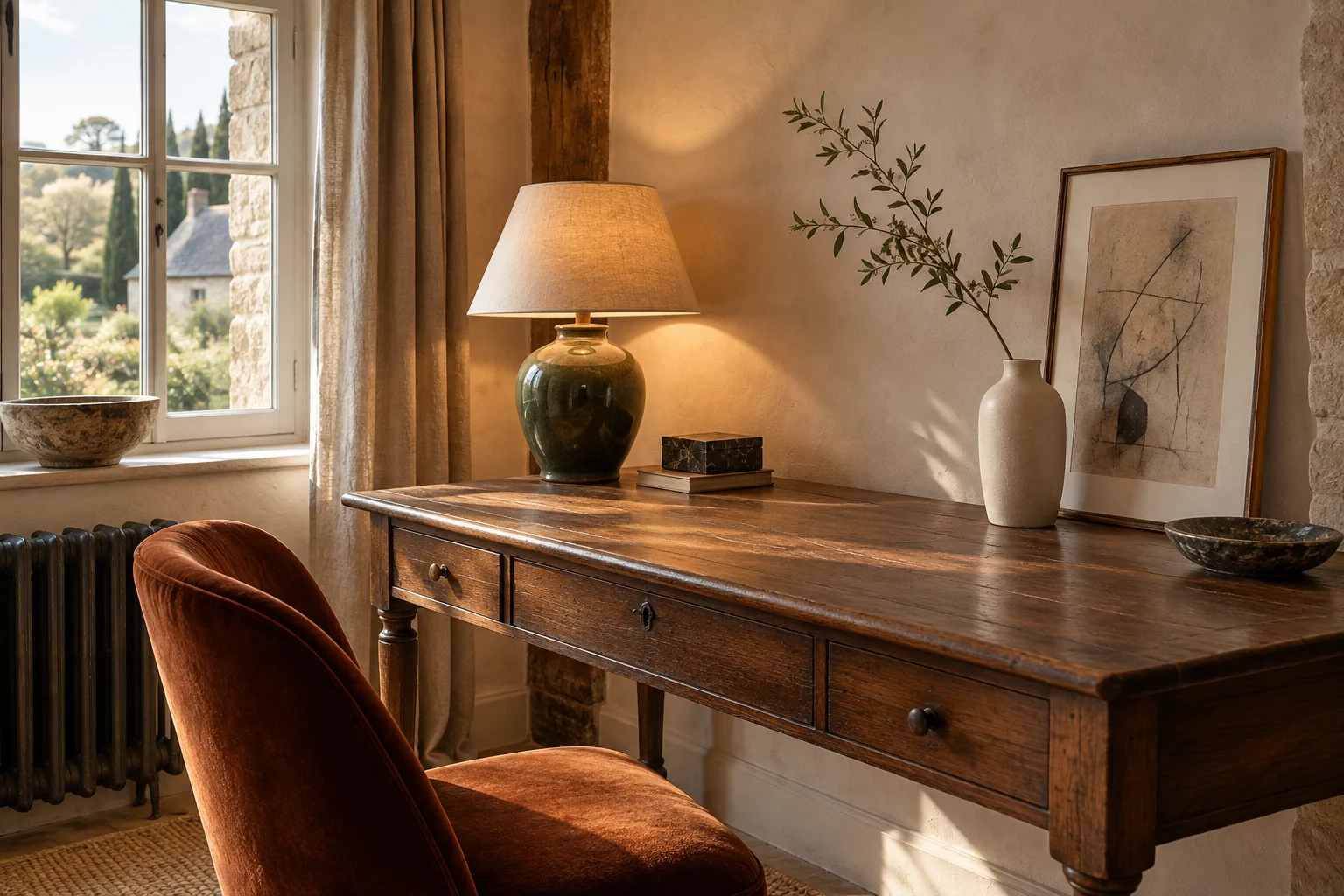 Bureau ancien, lampe verte et vase dans une lumière chaleureuse