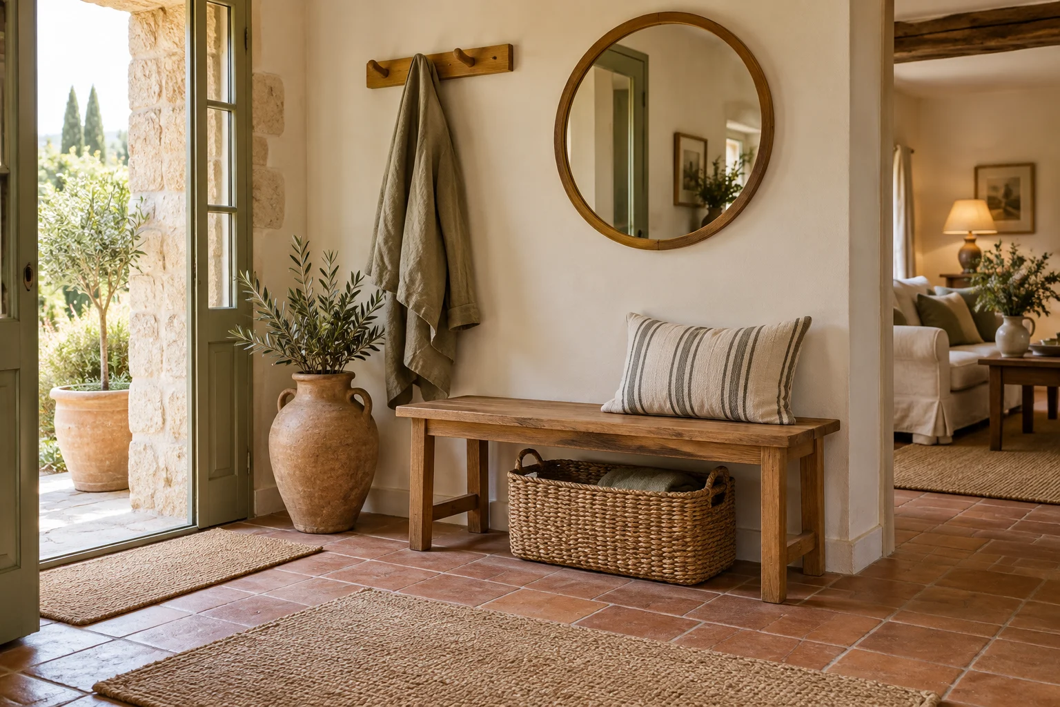 Banc en bois, panier et miroir dans une entrée chaleureuse
