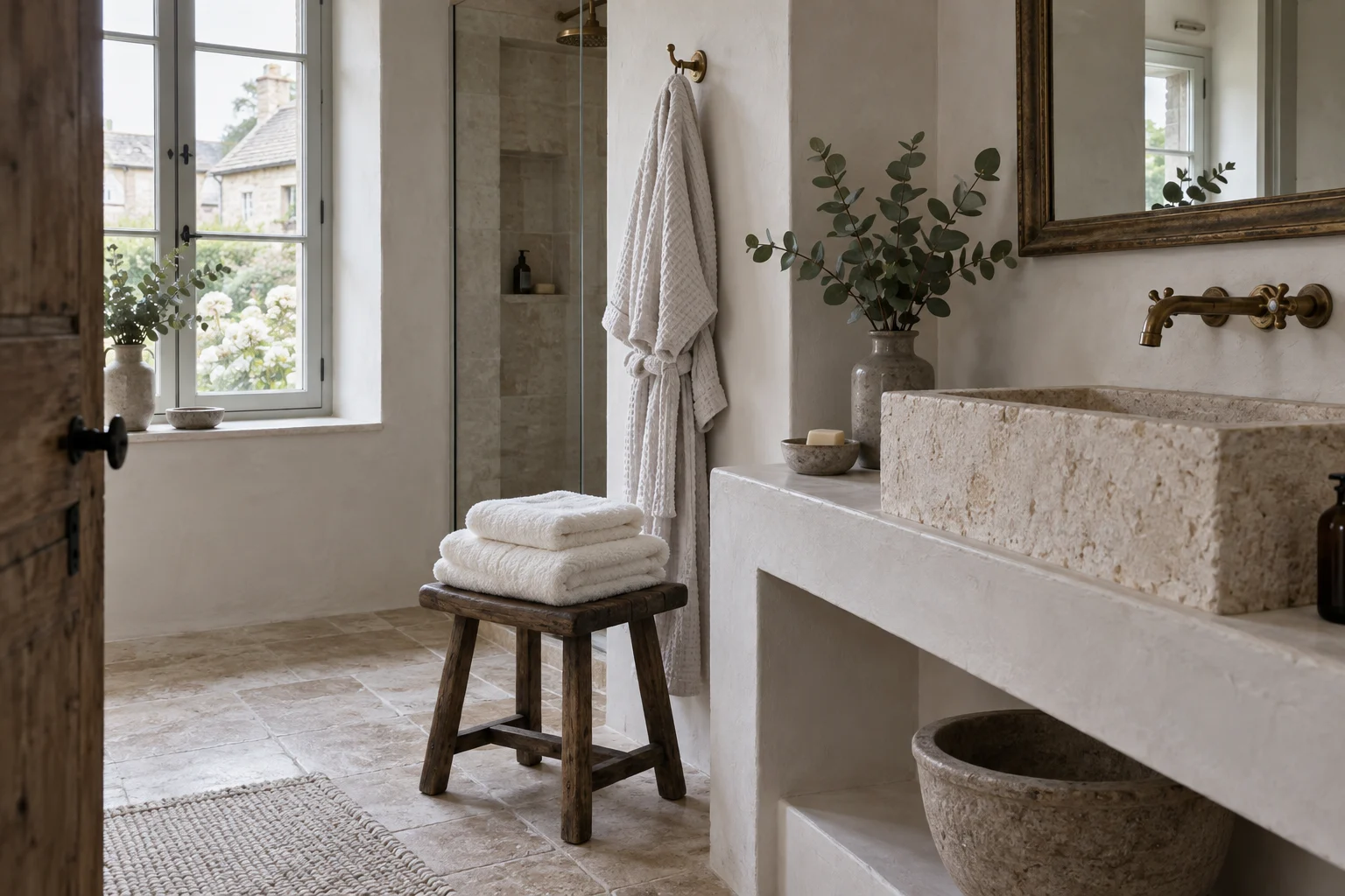Serviettes et peignoir dans une salle de bain aux matières naturelles