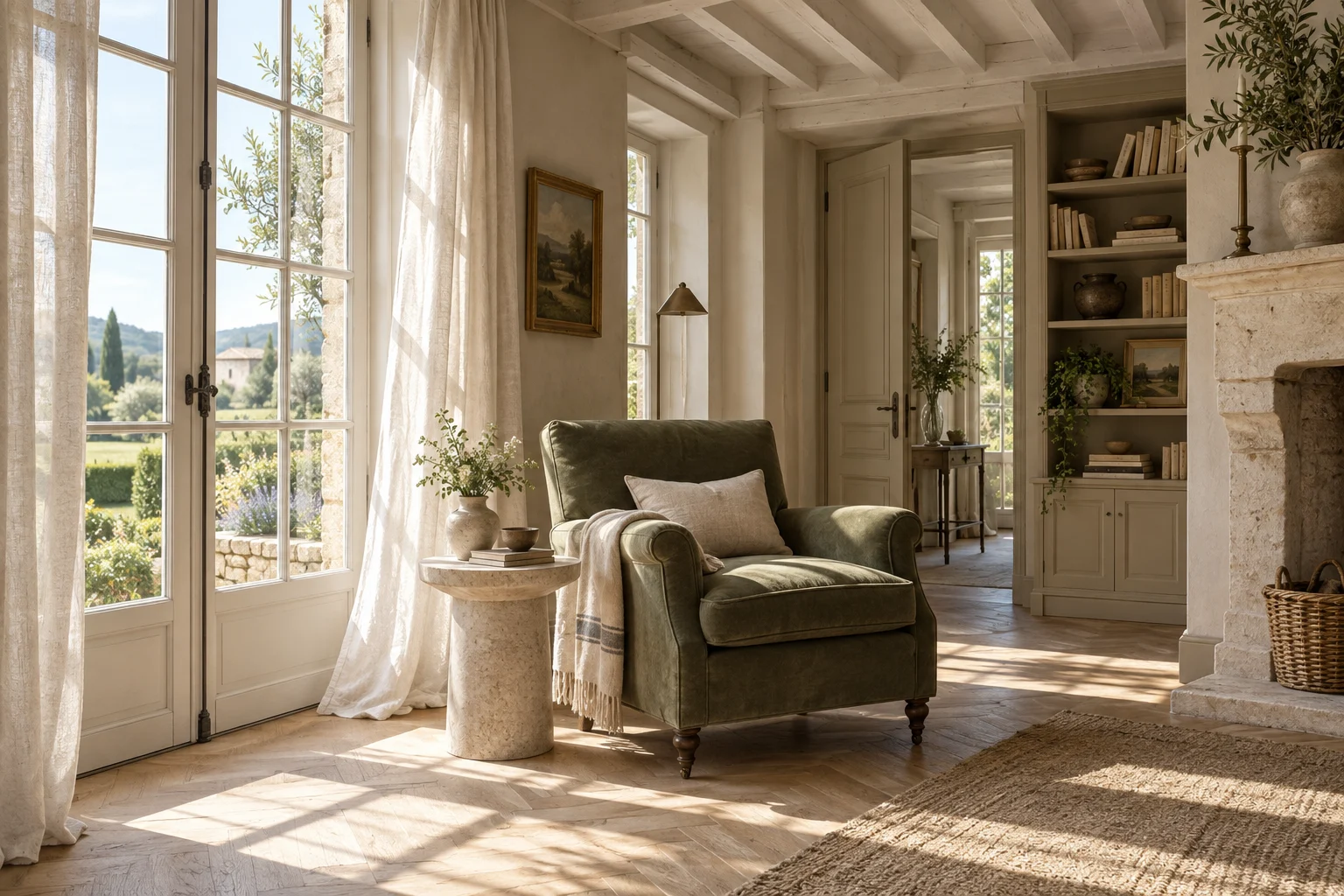 Fauteuil vert près de grandes fenêtres dans un intérieur lumineux