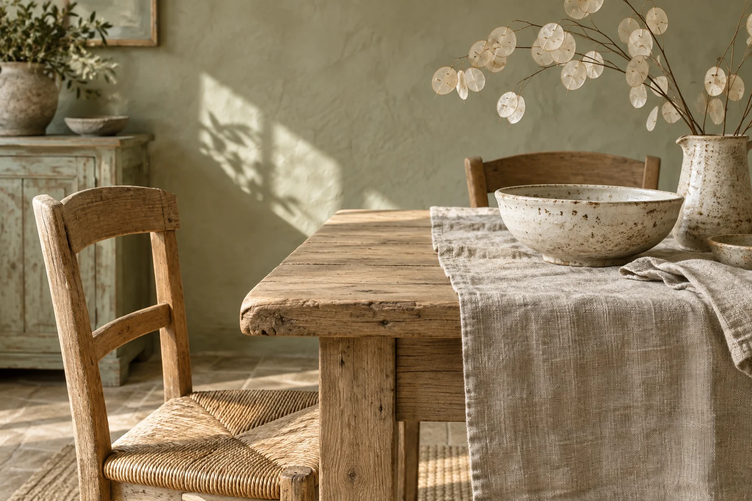 Table en bois, chaise tressée et céramique artisanale