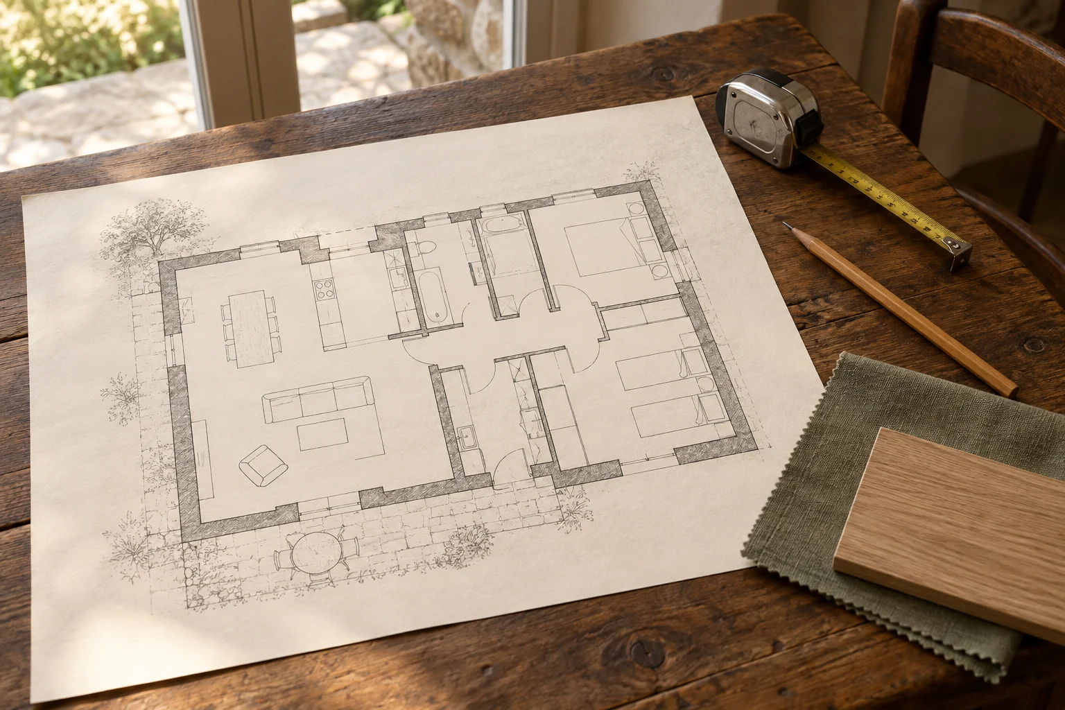 Plan de logement et échantillons de matières sur une table