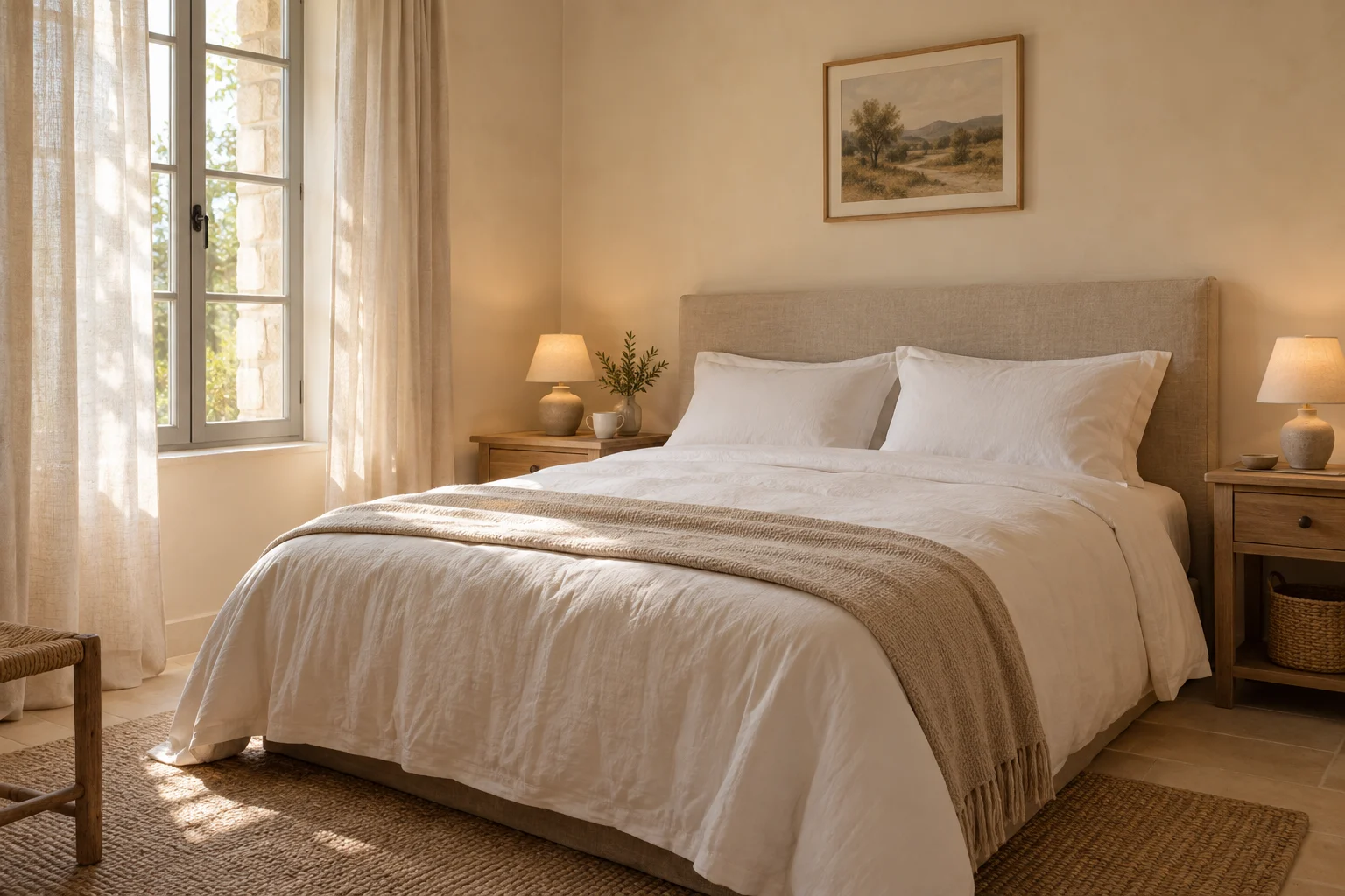 Chambre aux tons écrus avec lit préparé en linge blanc