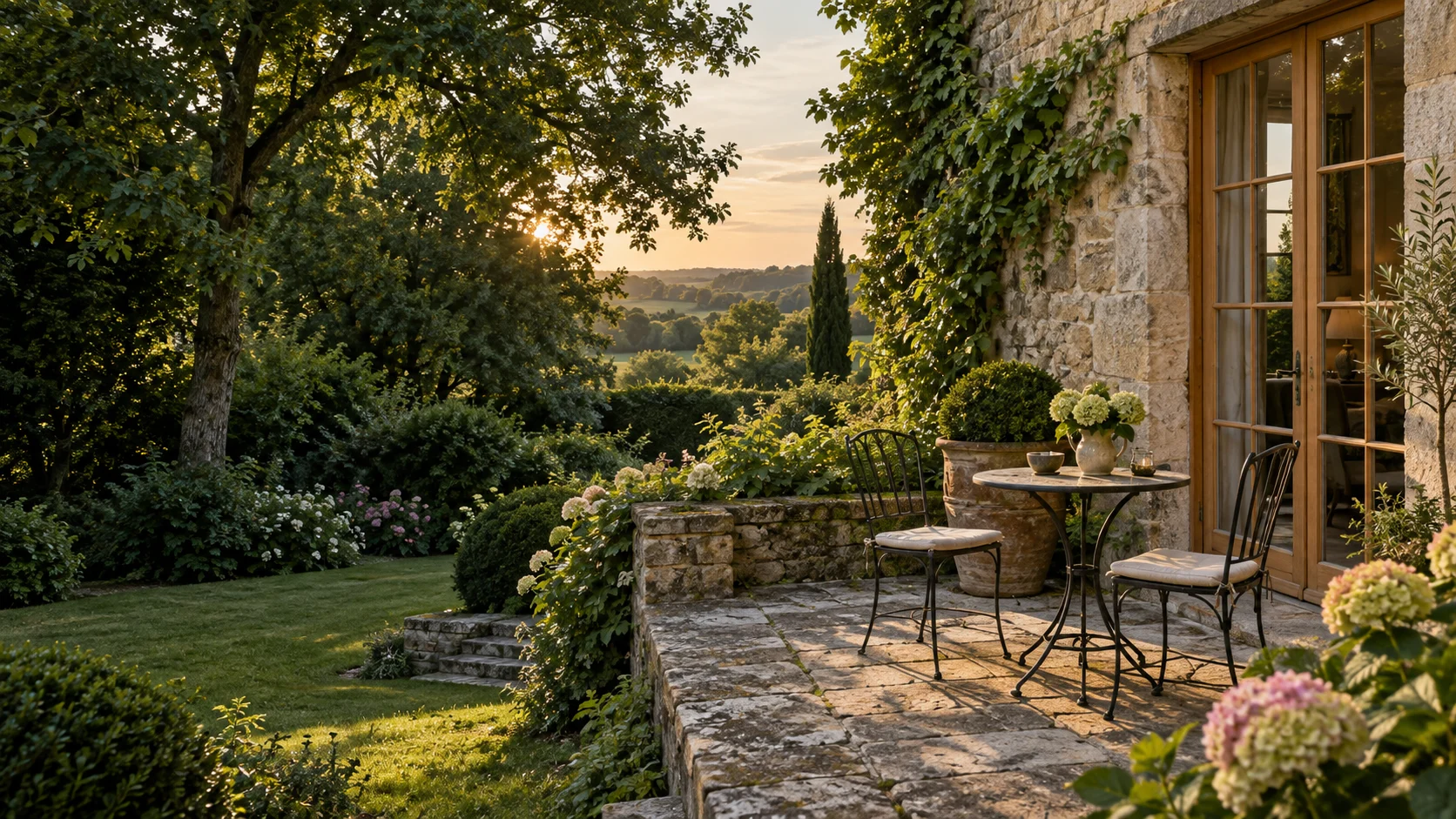 Terrasse en pierre ouverte sur un jardin au soleil couchant