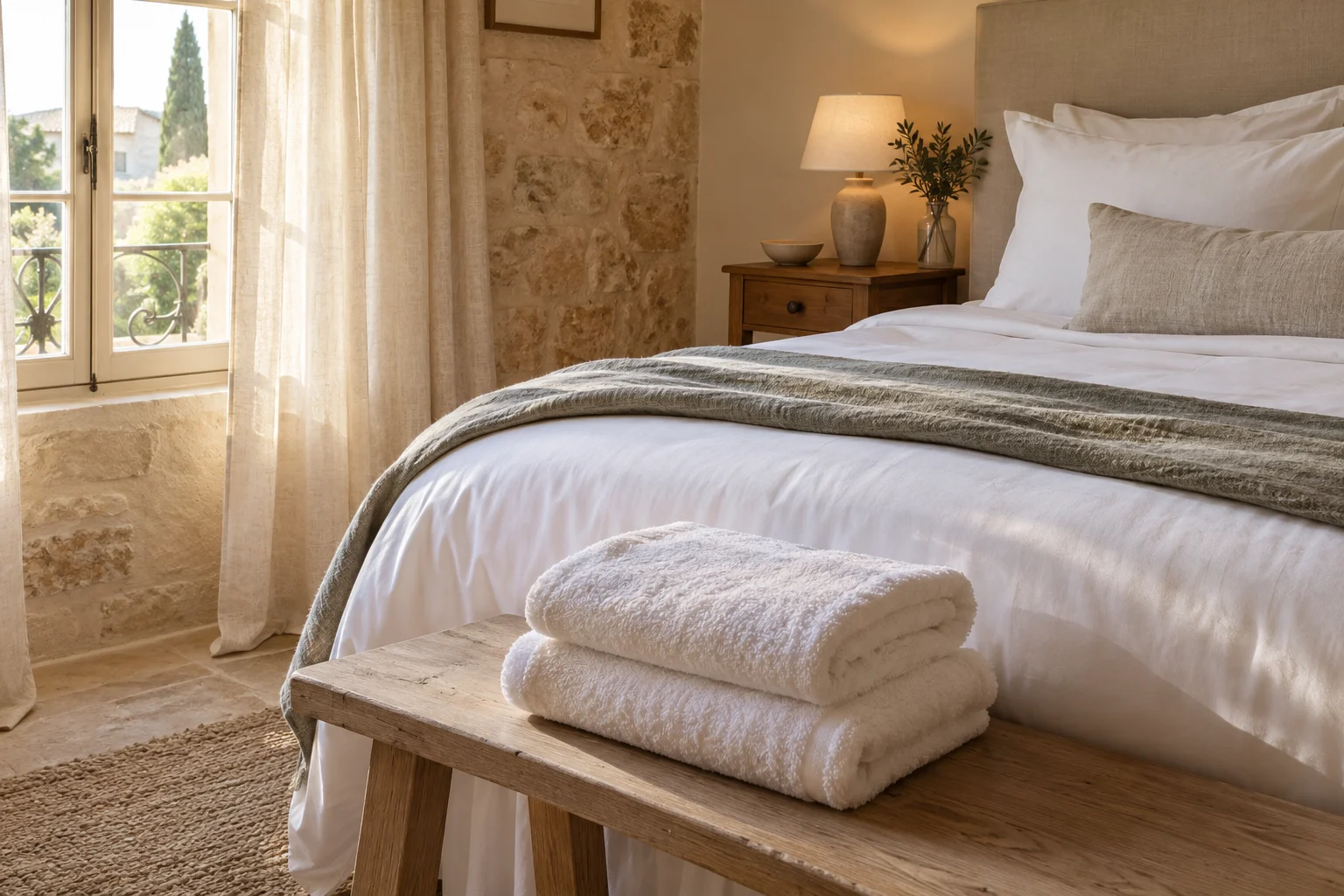 Linge de lit blanc et serviettes pliées sur un banc en bois