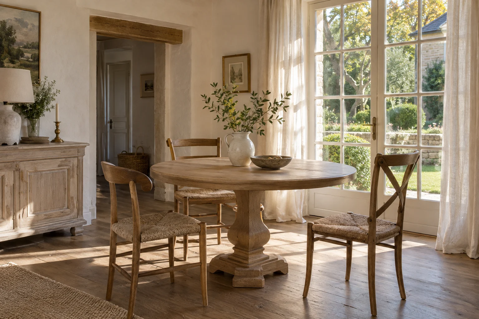 Table et chaises en bois clair près d’une fenêtre ouverte sur le jardin