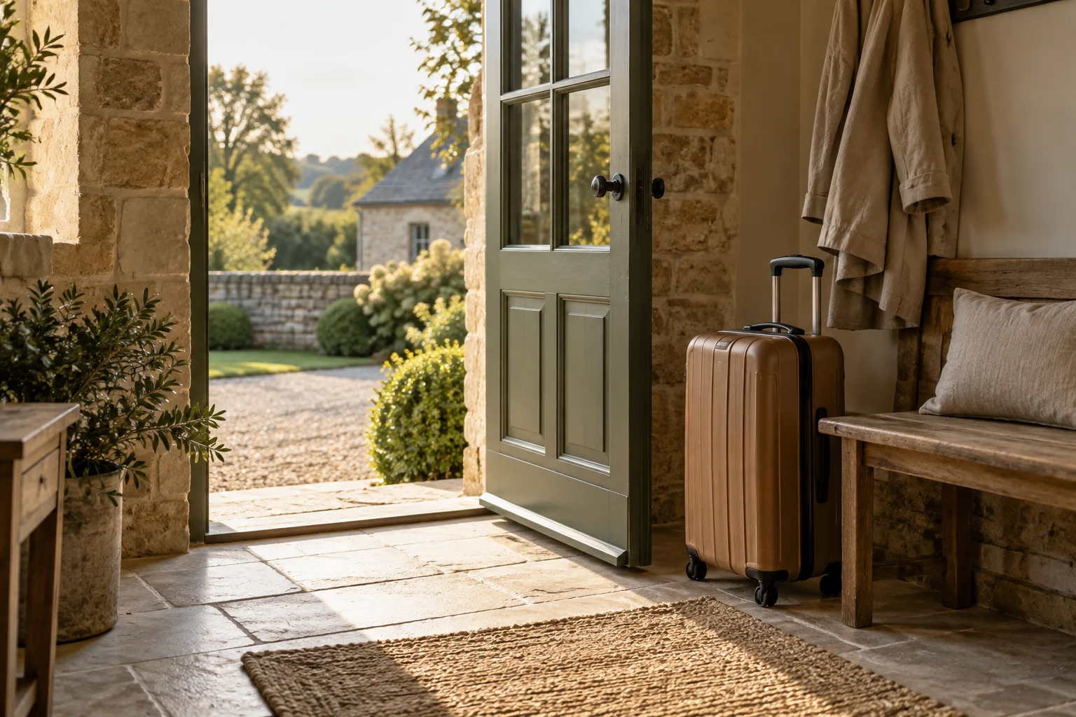 Valise près d’une porte ouverte sur le jardin