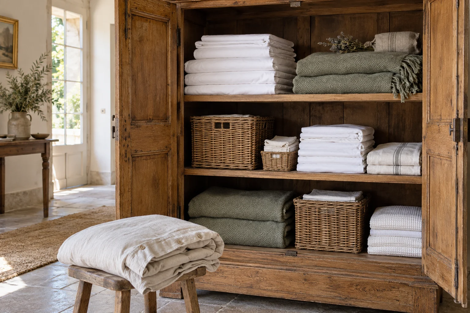 Armoire ouverte avec ensembles de linge soigneusement rangés